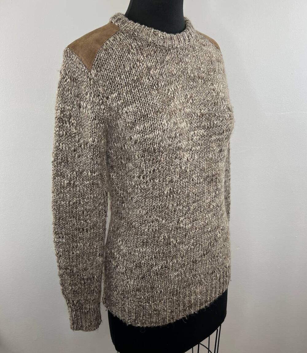 J.Crew Tan Wool Blend Long Sleeve Leather Shoulder Accent Pullover Sweater Sz XS